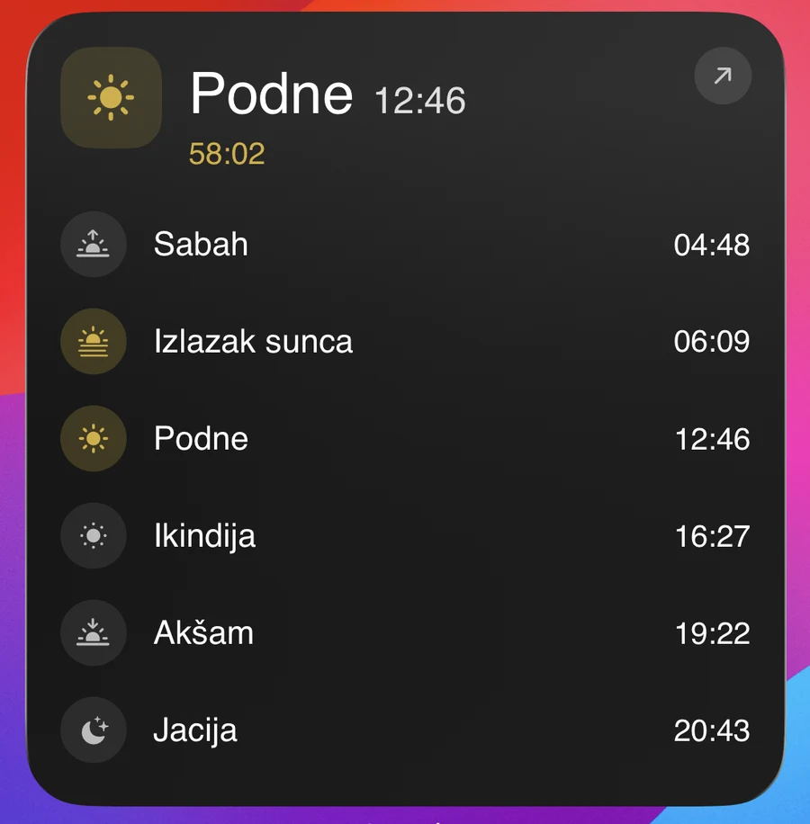 Veliki widget: puni raspored namaza za danas