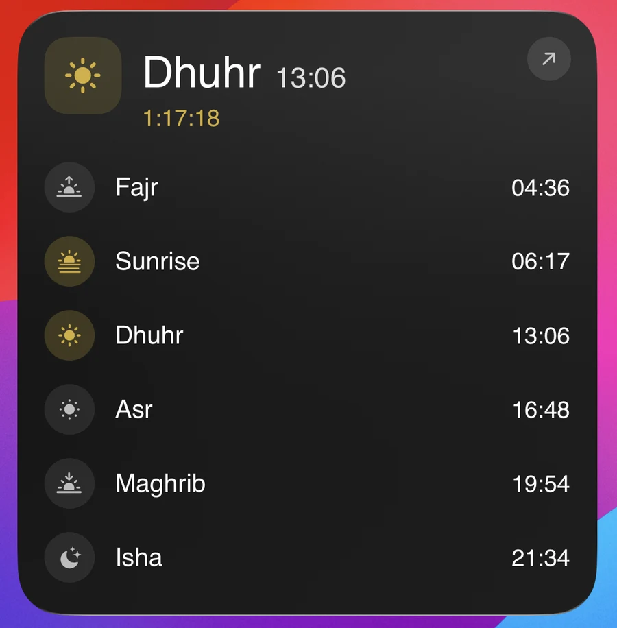 Large widget: full prayer schedule for today